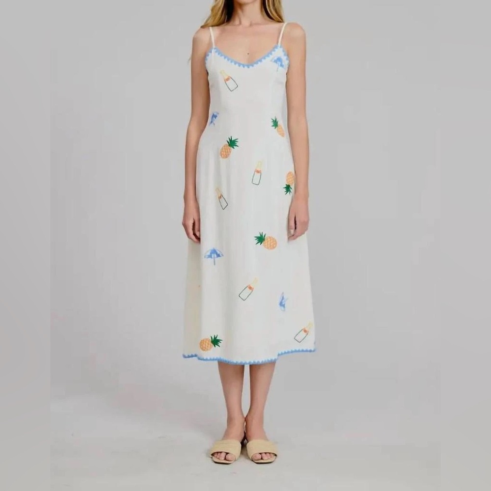 Flat White Women’s Fiona Pineapple Brunch Embroidered Midi Dress Cream Multi XS